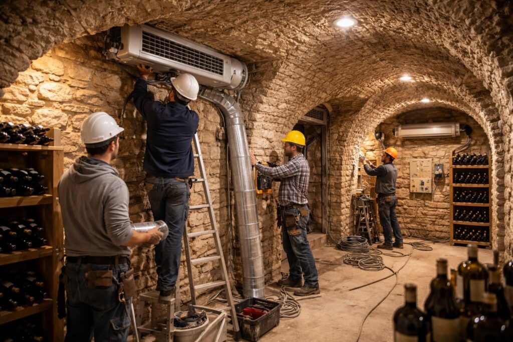 confiez la rénovation de votre cave à vin dans le rhône à nos artisans maçons experts en climatisation pour un espace optimisé et parfaitement tempéré.