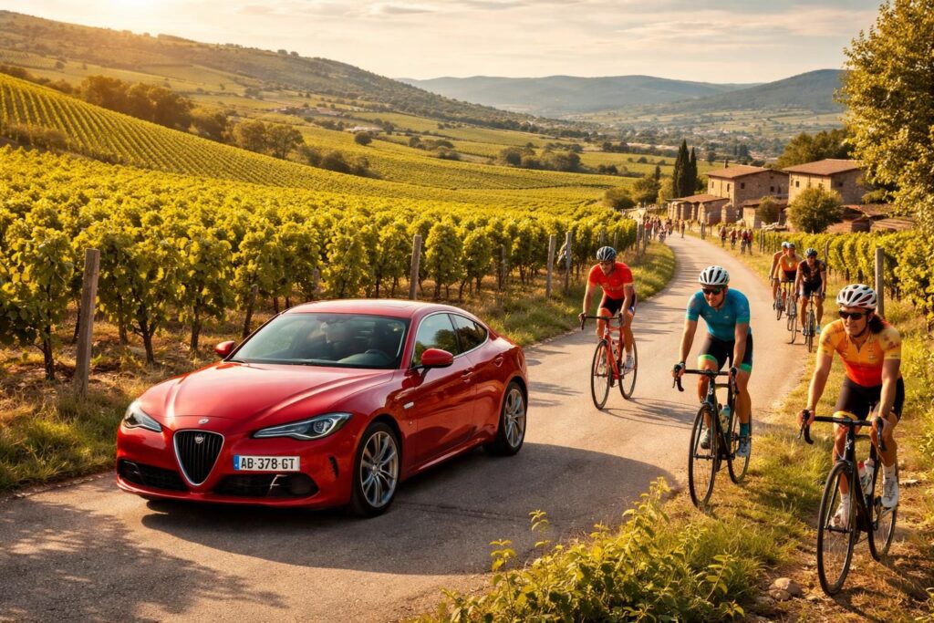 découvrez les circuits œnotouristiques des vignobles du rhône au volant d'une alfa romeo giulia, une aventure unique alliant passion du vin et du cyclisme pour les amateurs de sensations et de paysages exceptionnels.